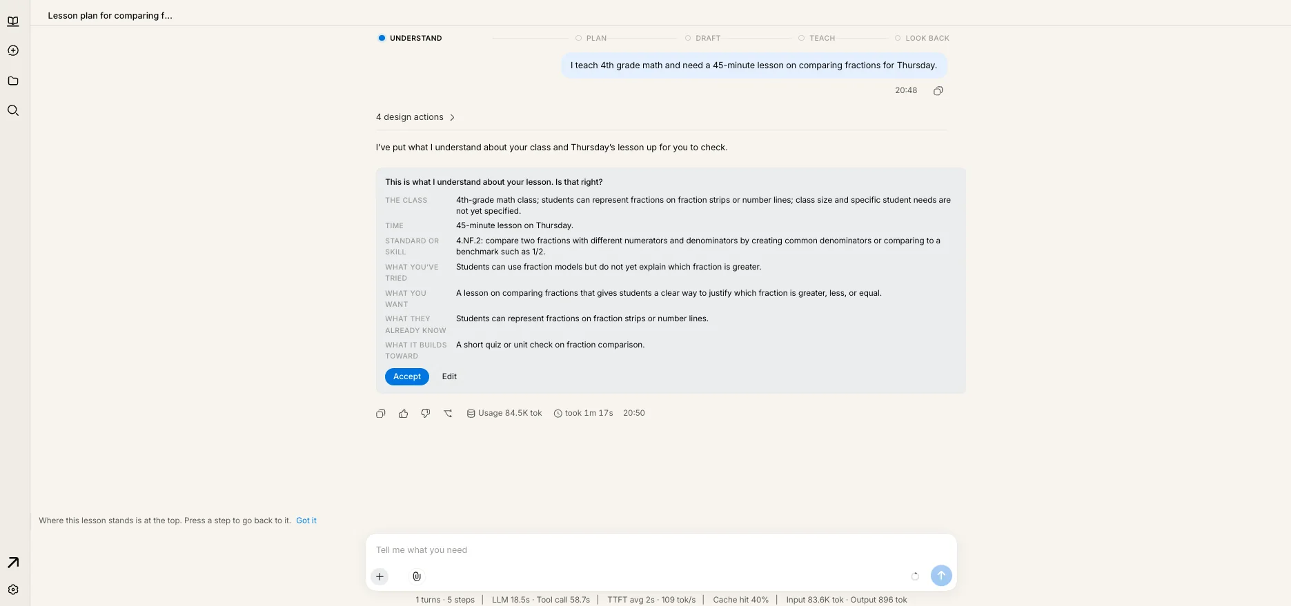 A summary titled ‘This is what I understand about your lesson’, listing the class, time, standard, and goal, with Accept and Edit buttons.