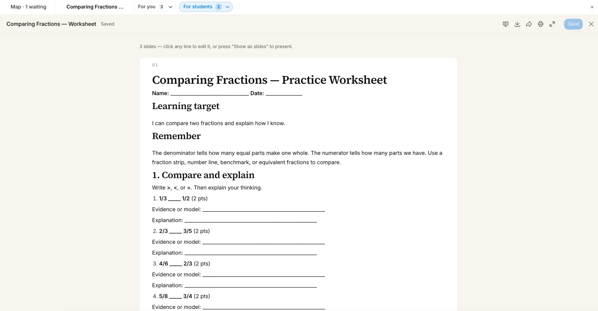 A practice worksheet for students with compare-and-explain problems, each with space for evidence and an explanation.