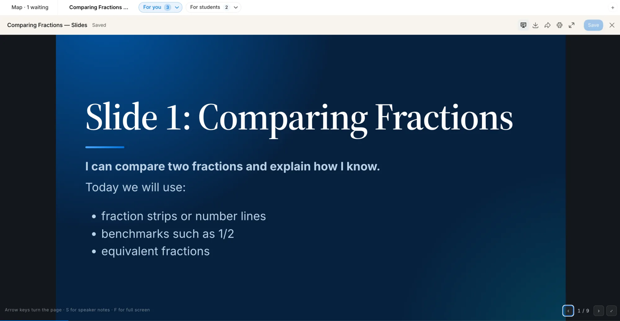 The first slide of a deep-blue presentation titled ‘Comparing Fractions’, listing fraction strips, benchmarks, and equivalent fractions.