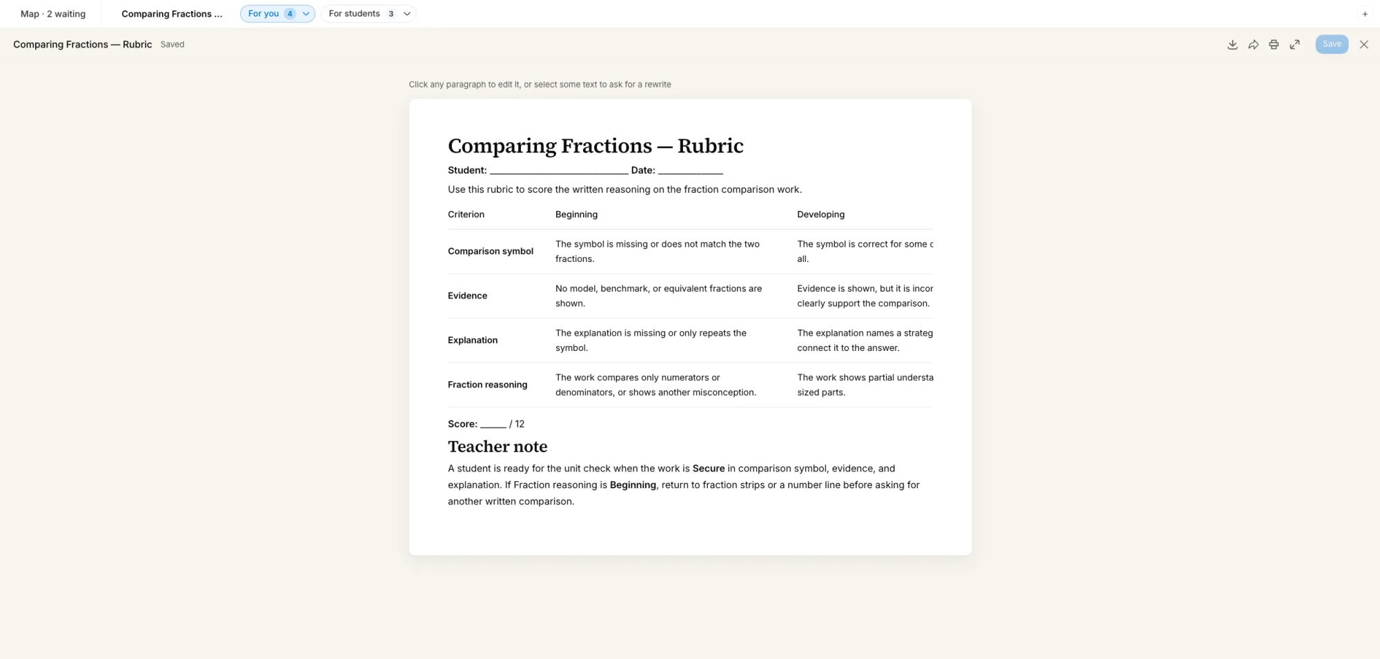 A four-row rubric — comparison symbol, evidence, explanation, fraction reasoning — scored out of twelve, with a teacher note.